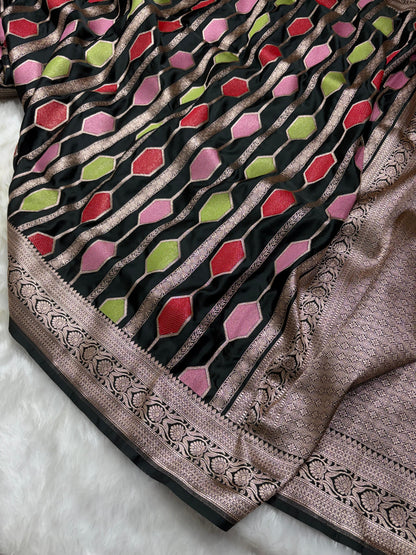 Midnight Black Multicolor Horizontal Stripes Premium Mashru Silk Saree