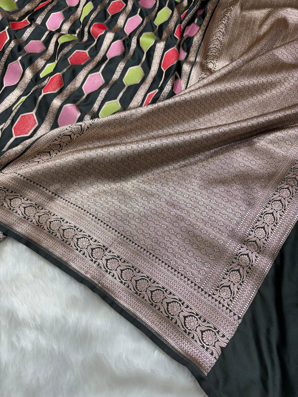 Midnight Black Multicolor Horizontal Stripes Premium Mashru Silk Saree