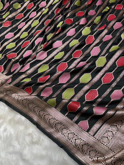 Midnight Black Multicolor Horizontal Stripes Premium Mashru Silk Saree