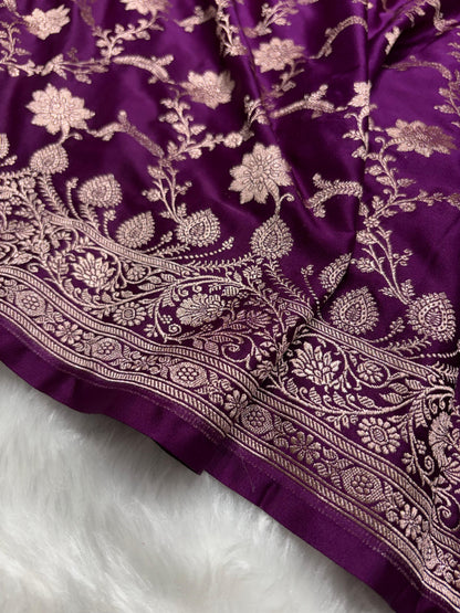 Banarasi Wine Purple Shades Jaal Pattern Mashru Silk Saree