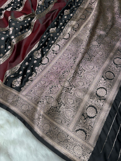 Contrast Deep Wine - Black Horizontal Strips With Motifs Banarasi Mashru Silk Saree