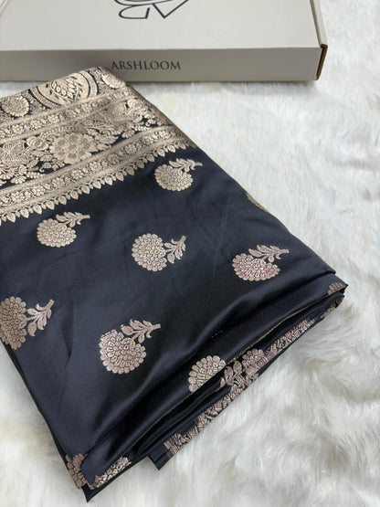 Premium Banarasi Boota Pattern Mashru Silk Saree in Black Shades