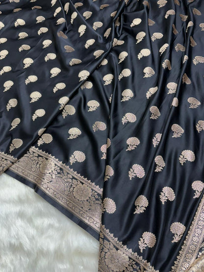 Premium Banarasi Boota Pattern Mashru Silk Saree in Black Shades