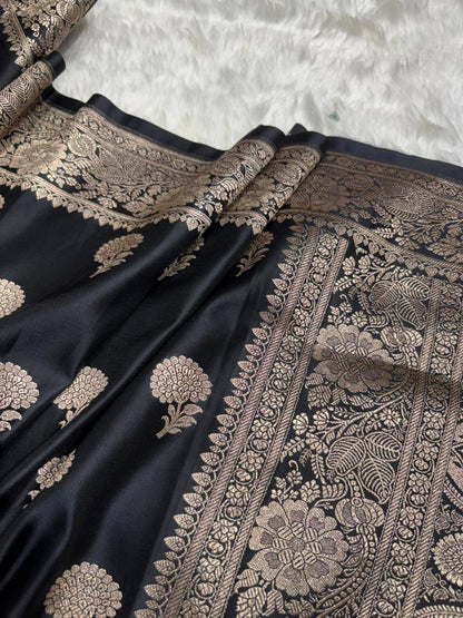 Premium Banarasi Boota Pattern Mashru Silk Saree in Black Shades