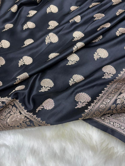Premium Banarasi Boota Pattern Mashru Silk Saree in Black Shades