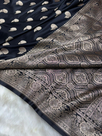 Premium Banarasi Boota Pattern Mashru Silk Saree in Black Shades