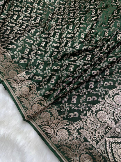 Bottle Green with Floral Border Minakari Brocade Mashru Silk Saree