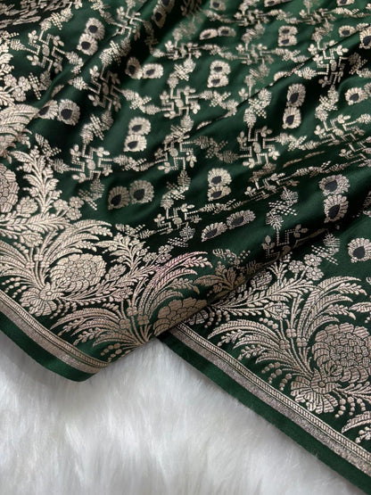 Bottle Green with Floral Border Minakari Brocade Mashru Silk Saree