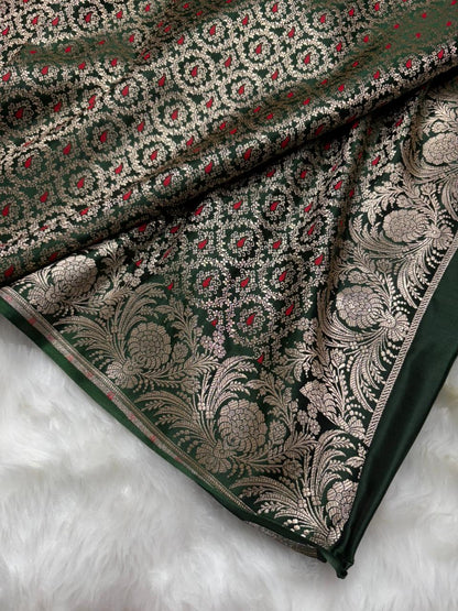 Bottle Green with Floral Border Minakari Brocade Mashru Silk Saree