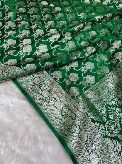 Banarasi Jaal Boota Pattern Mashru Silk Saree in Bottle Green Shades