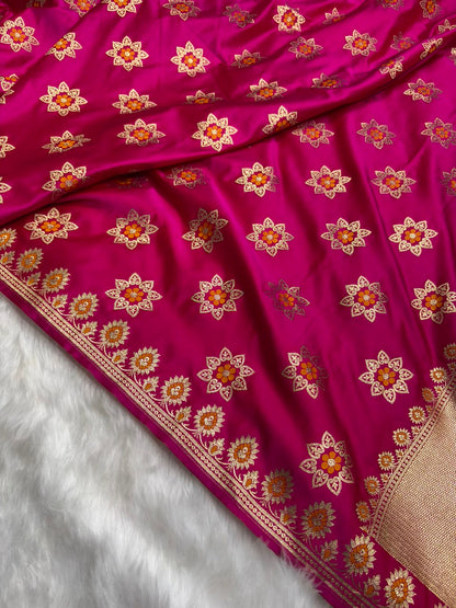 Banarasi Star Pattern with Unique Floral border Mashru Silk Saree in Rani Shades