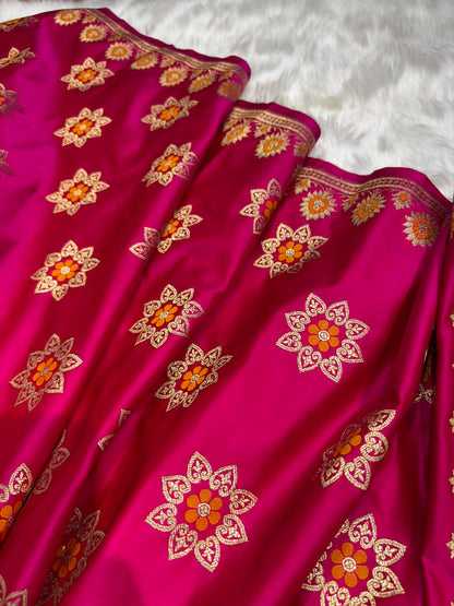 Banarasi Star Pattern with Unique Floral border Mashru Silk Saree in Rani Shades