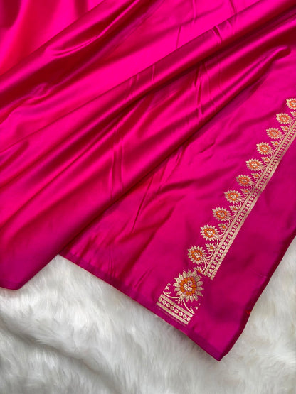 Banarasi Star Pattern with Unique Floral border Mashru Silk Saree in Rani Shades