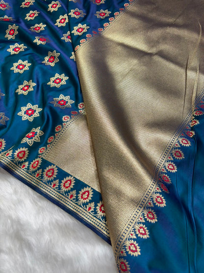 Banarasi Star Pattern with Unique Floral border Mashru Silk Saree in Peacock Blue Shades