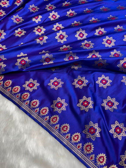 Banarasi Star Pattern with Unique Floral border Mashru Silk Saree in Royal Blue Shades