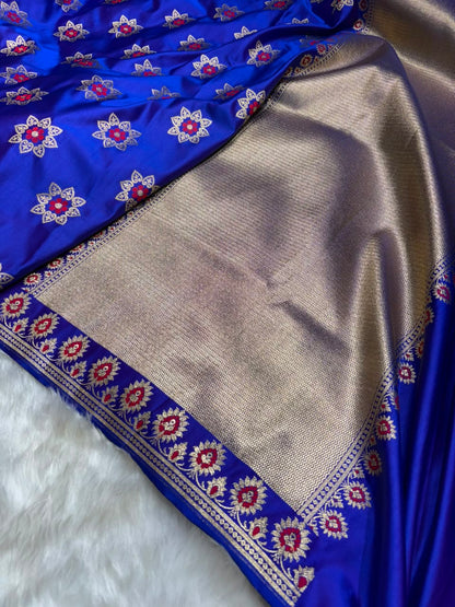 Banarasi Star Pattern with Unique Floral border Mashru Silk Saree in Royal Blue Shades