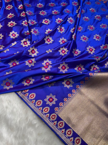 Banarasi Star Pattern with Unique Floral border Mashru Silk Saree in Royal Blue Shades