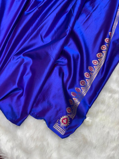 Banarasi Star Pattern with Unique Floral border Mashru Silk Saree in Royal Blue Shades