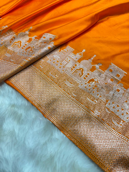 Banarasi Ghat Pattern Mashru Silk Saree In Orange Shades