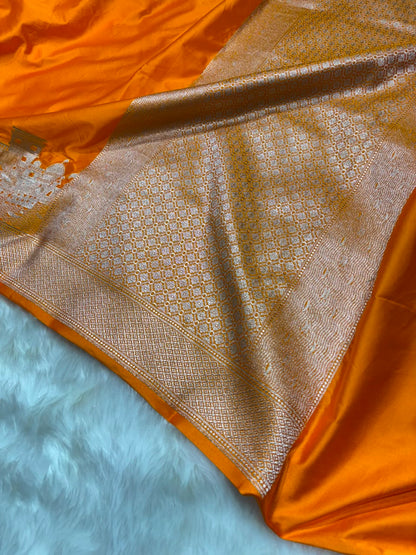 Banarasi Ghat Pattern Mashru Silk Saree In Orange Shades