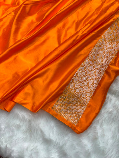 Banarasi Ghat Pattern Mashru Silk Saree In Orange Shades