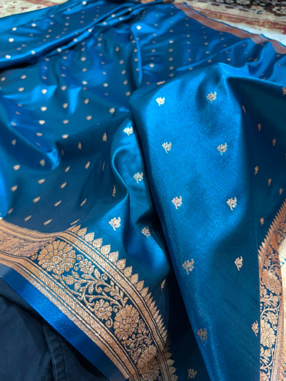 Banarasi Satin Silk Booti in German Blue Shades