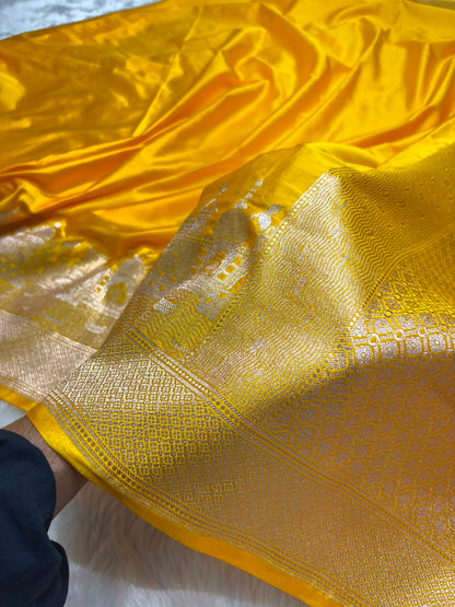 Banarasi Ghat Pattern Mashru Silk Saree In Yellow Shades arsl
