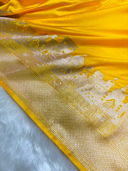 Banarasi Ghat Pattern Mashru Silk Saree In Yellow Shades arsl