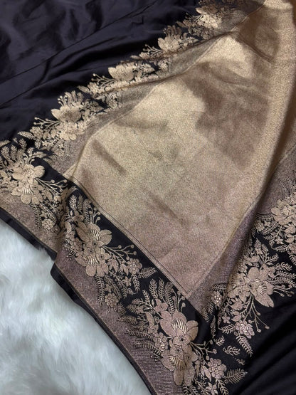 Black Shades Banarasi Plain with Floral Border Mashru Silk Saree