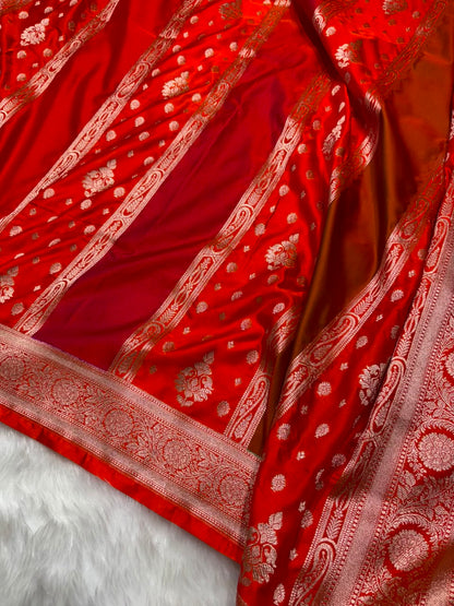 Contrast Vermilion Orange Horizontal Stripes with Motifs Banarasi Mashru Silk Saree