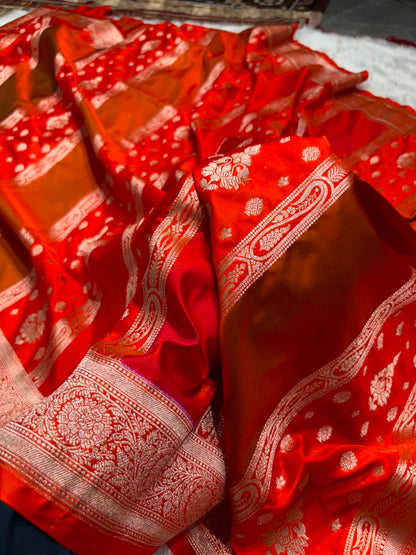 Contrast Vermilion Orange Horizontal Stripes with Motifs Banarasi Mashru Silk Saree