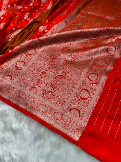 Contrast Vermilion Orange Horizontal Stripes with Motifs Banarasi Mashru Silk Saree