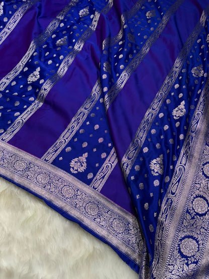 Contrast Royal & Navy Blue Horizontal Stripes with Motifs Banarasi Mashru Silk Saree