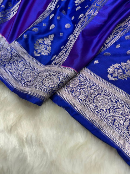 Contrast Royal & Navy Blue Horizontal Stripes with Motifs Banarasi Mashru Silk Saree