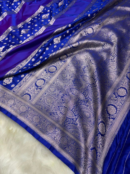 Contrast Royal & Navy Blue Horizontal Stripes with Motifs Banarasi Mashru Silk Saree