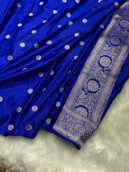 Contrast Royal & Navy Blue Horizontal Stripes with Motifs Banarasi Mashru Silk Saree