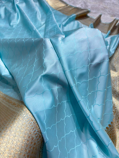 Sky Blue Shades Tanchoi Jaal Mashru Silk Saree