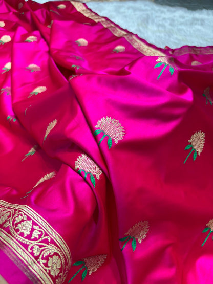 Floral Minakari Boota Mashru Silk Saree in Rani Shades