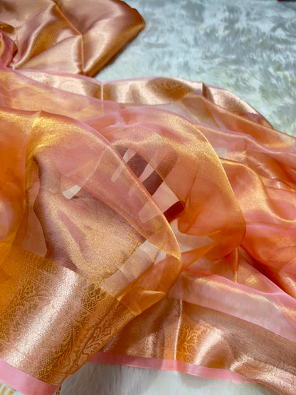 Rose Gold Pure Tissue Silk Saree with Brocade Blouse