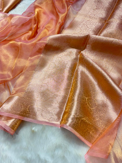 Rose Gold Pure Tissue Silk Saree with Brocade Blouse