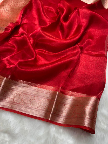 Red Pure Tissue Silk Saree with Brocade Blouse