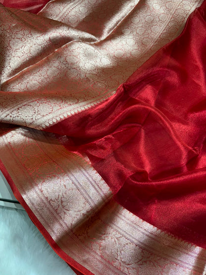 Red Pure Tissue Silk Saree with Brocade Blouse