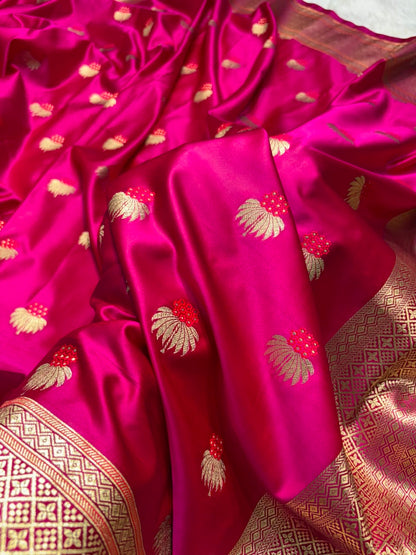 Banarasi Minakari Floral Pattern Mashru Silk Saree in Fuchsia Rani Shades