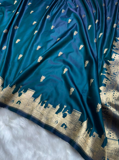 Peacock Shades Banarasi Unique Ghat Pattern Mashru Silk Saree