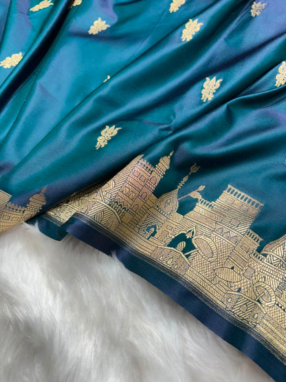 Peacock Shades Banarasi Unique Ghat Pattern Mashru Silk Saree