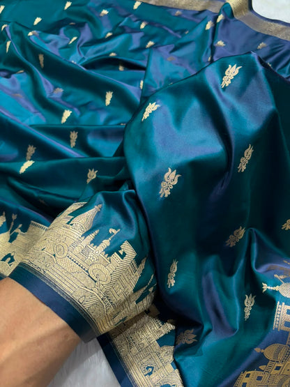 Peacock Shades Banarasi Unique Ghat Pattern Mashru Silk Saree