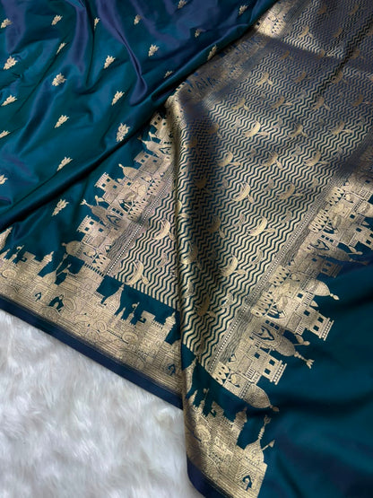 Peacock Shades Banarasi Unique Ghat Pattern Mashru Silk Saree