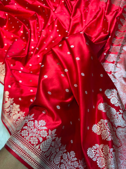 Red Shades Banarasi Booti with Floral Border Mashru Silk Saree