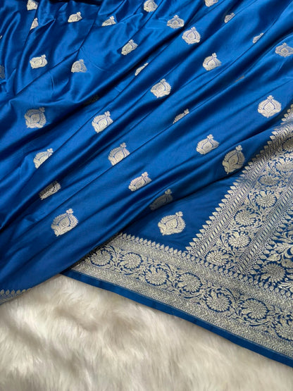 Royal Blue Shades Floral Boota Pattern Mashru Silk Saree