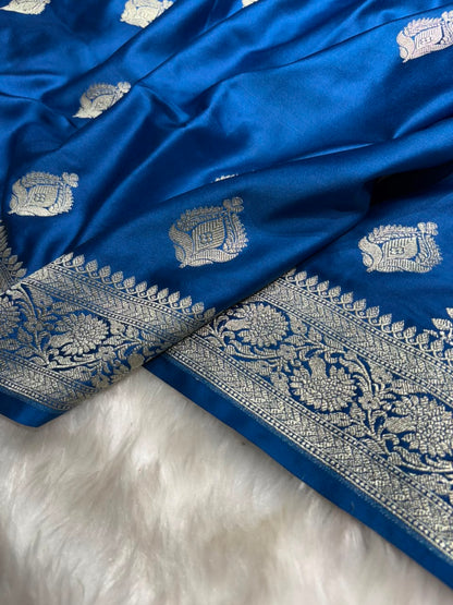 Royal Blue Shades Floral Boota Pattern Mashru Silk Saree